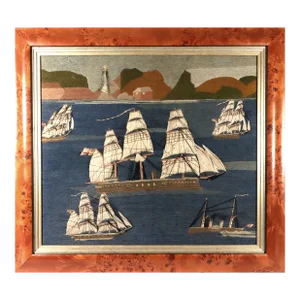 British Sailor's Woolwork Picture of Five Ships Off a Coastline