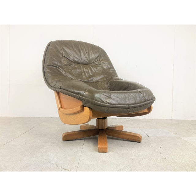 Brown Brutalist Oak and Leather Swivel Chair, 1970s For Sale - Image 8 of 12