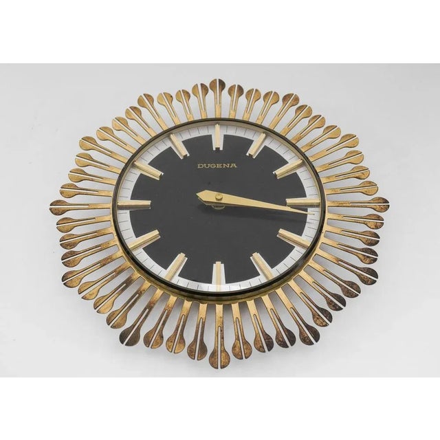 Metal Mid-Century Modern Brass Sunburst Wall Clock from Dugena, Germany, 1950s For Sale - Image 7 of 7
