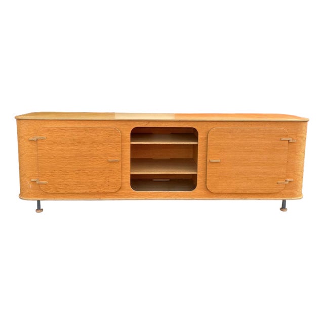 Mid-Century Modern Oak Media Console With Rounded Corners For Sale
