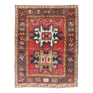 Antique Caucasian Kazak Rug With Sub-Geometric Star Medallions Design 4'4 X 6'0