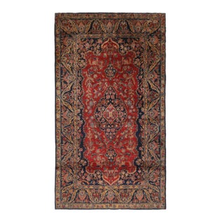 Antique Kashan Traditional Red and Navy Blue Wool Persian Rug For Sale