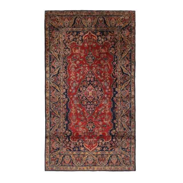 Antique Kashan Traditional Red and Navy Blue Wool Persian Rug For Sale