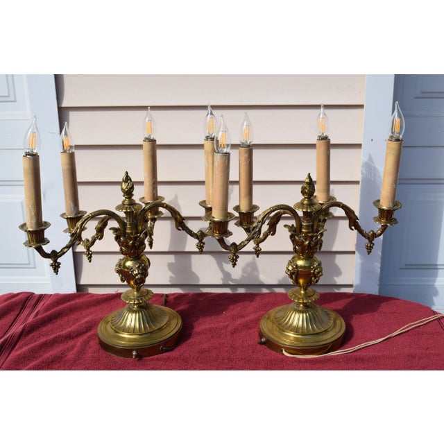 Pair of Early 20th Century Table Top 4 Lights Candelabra Victorian Style Lamps with Lion Heads in Brass For Sale - Image 9 of 12