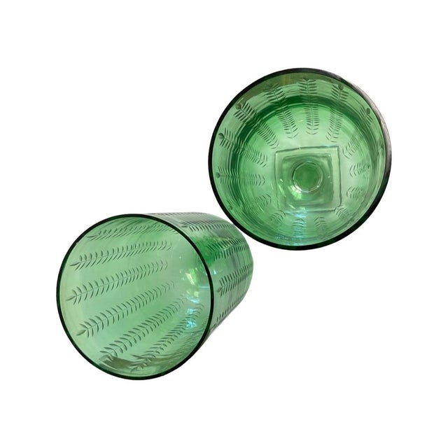 Pair of Hand Blown Green Glass Hurricanes With Etched Leaf Design For Sale - Image 4 of 5