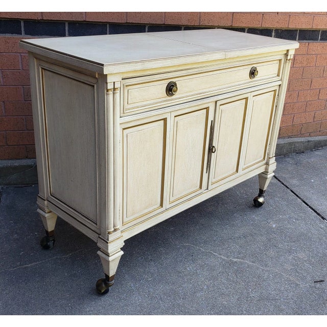 Wood Fancher Furniture White Enameled French Slide-Top Rolling Bar / Buffet For Sale - Image 7 of 8