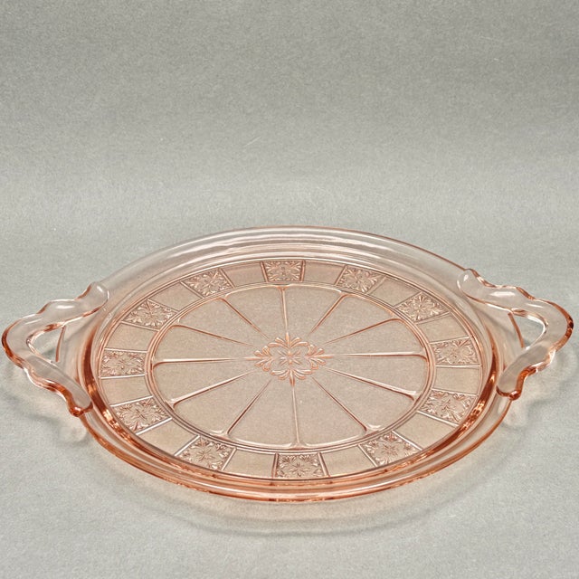Art Deco Vintage Pink Depression Glass Handled Cake Plate in Federal Glass Rosemary Pattern For Sale - Image 3 of 10