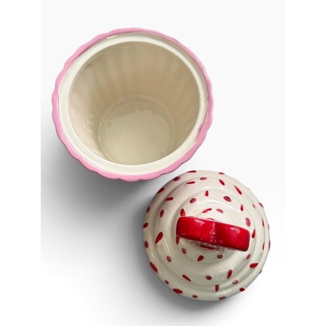 Late 20th Century Vintage Nantucket Home Pink Cupcake Cookie Jar With Heart Lid For Sale - Image 5 of 6