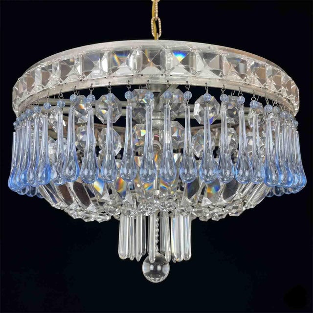 Glass Italian Ceiling Lamp with Blue and Transparent Crystals with Four Lights, 1960 For Sale - Image 7 of 10