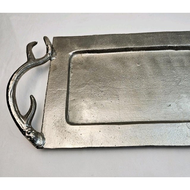 Farmhouse Silver Metal Serving Platter With Antler Handles – 26″ Rectangular Decorative Tray For Sale - Image 3 of 6