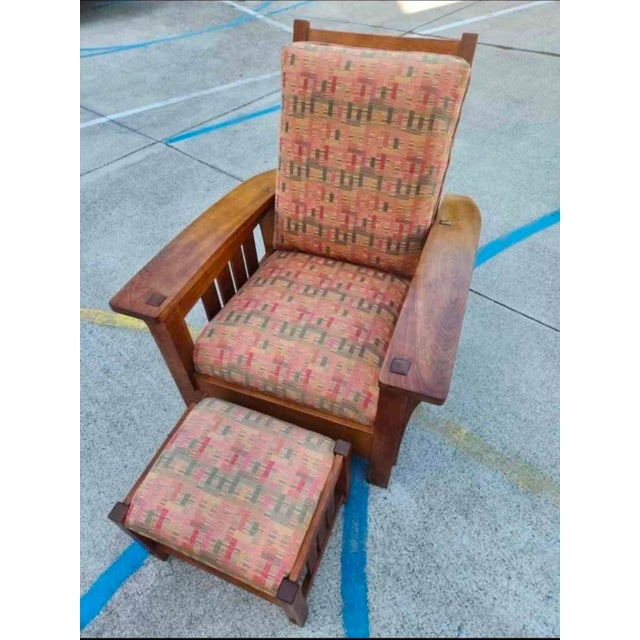 Wood Vintage Stickley Cherry Wood Bow Slant Arm Morris Reclining Chair & Ottoman For Sale - Image 7 of 9