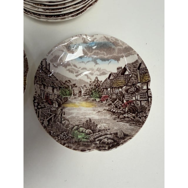 The Johnson Bros Olde English Countryside 5 1/2" saucer is a set of 6 square-shaped transferware saucers made in England,...