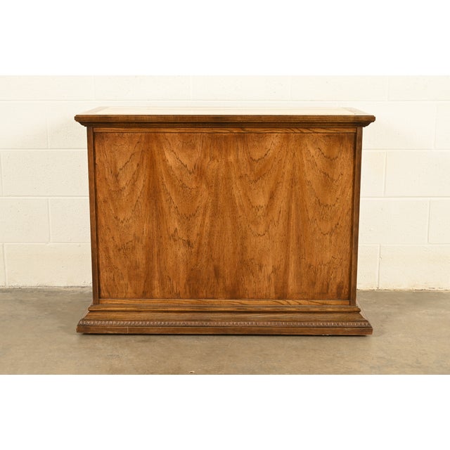 French Regency Louis XVI Carved Pecan Wood Marble Top Sideboard Buffet or Bar Cabinet by Stanley, Circa 1960s For Sale - Image 12 of 13