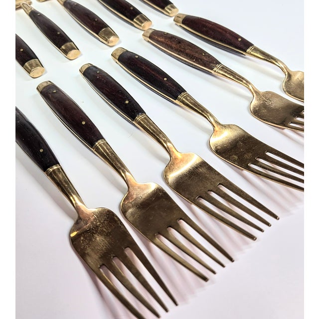 Midcentury Rosewood and Brass Salad Forks- Set of Twelve For Sale - Image 4 of 11