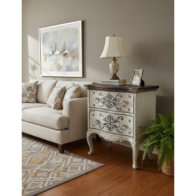 French Provincial Vintage French Provincial Style Distressed Hand-Painted Two-Drawer Bombe Commode For Sale - Image 3 of 7