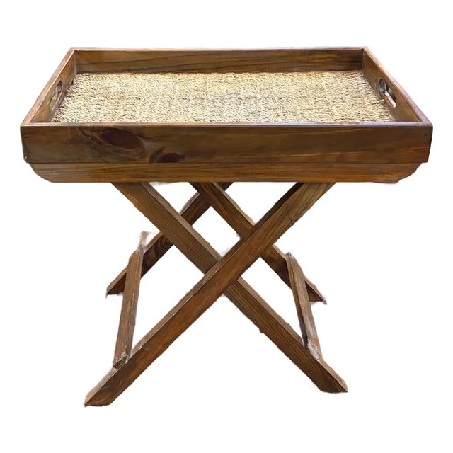 Mid Century X Base Tray Side Table With Raffia Woven Insert For Sale