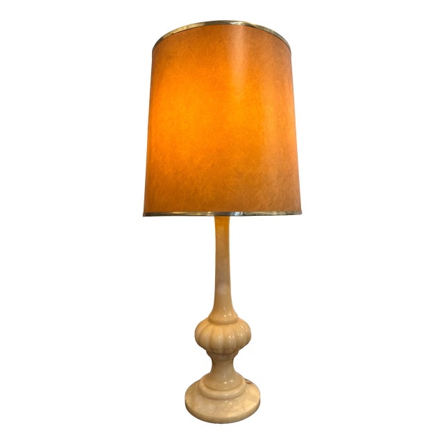 Italian Carrera Marble Table Lamp with Brass Finished Leather Shade, 1970 For Sale