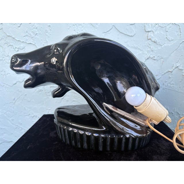 Mid-Century Modern Vintage Black Ceramic Double Horse Head Table Lamp With Sculptural Glaze For Sale - Image 3 of 11