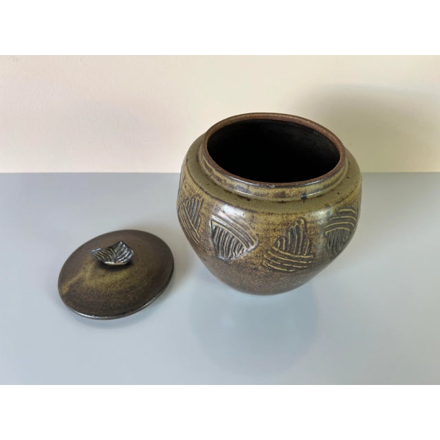 Mid-Century Speckled Glaze Studio Pottery Jar With Lid/ Sold For Sale - Image 4 of 10