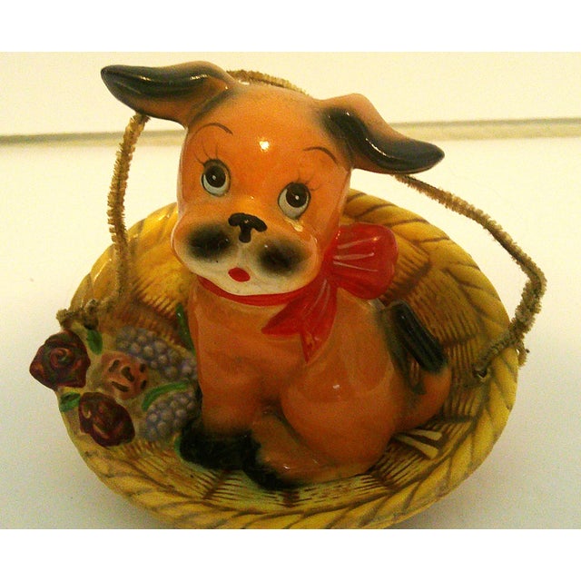 1950s Vintage 1950s Ceramic Dog in Basket Figurine Japan Kitsch Puppy Excellent Condition For Sale - Image 5 of 6