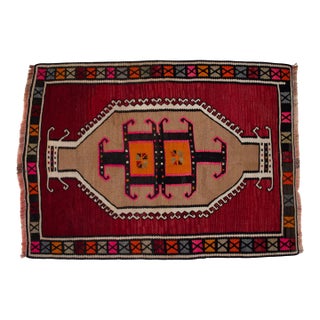 Authentic Kars Kilim Rug, Red and Earth Tone Turkish Rug, Small Living Room Kilim, Rare Personal Village Weave, 1970s Anatolian Rug 4x5 Ft Approx For Sale