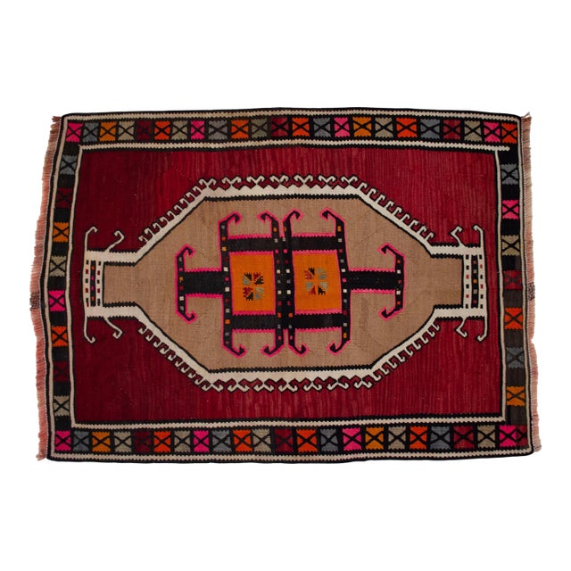 Authentic Kars Kilim Rug, Red and Earth Tone Turkish Rug, Small Living Room Kilim, Rare Personal Village Weave, 1970s Anatolian Rug 4x5 Ft Approx For Sale