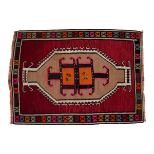Authentic Kars Kilim Rug, Red and Earth Tone Turkish Rug, Small Living Room Kilim, Rare Personal Village Weave, 1970s Anatolian Rug 4x5 Ft Approx