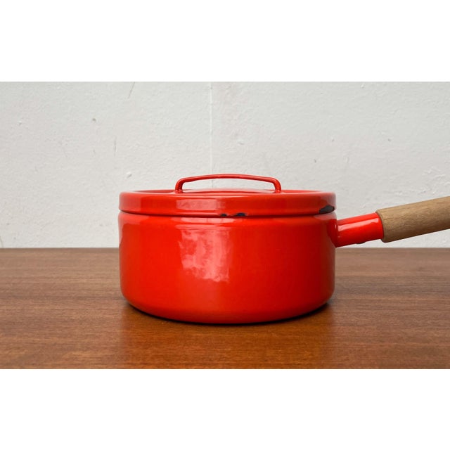 Metal Mid-Century Modern Enamel Orange Pot with Teak Handle by Seppo Mallat for Finel, 1960s For Sale - Image 7 of 18