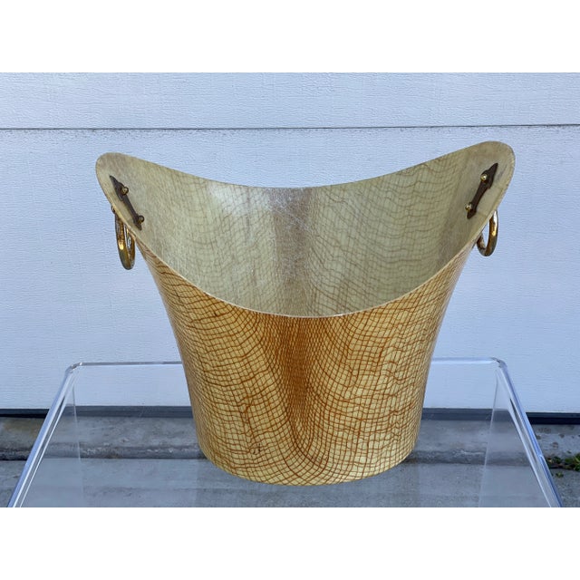 Rare circa 1950's fiberglass waste basket/ice bucket with brass plated ring handles by Kimball Manufacturing Corp. Kimball...