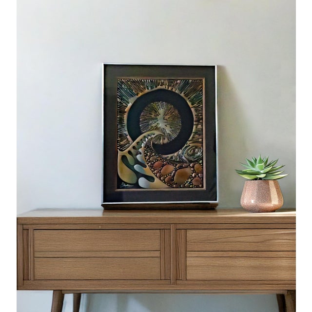 The Piece: A captivating mid-century modern mixed media work hand-signed by the listed artist, Joel Zaretsky, on the front...