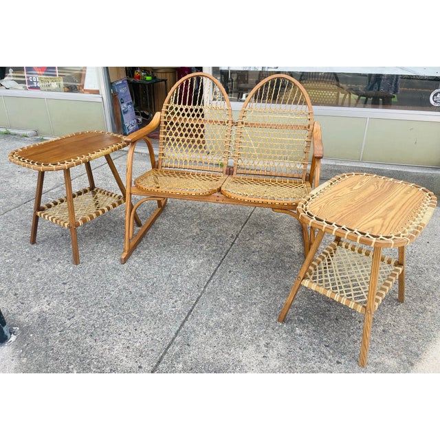 Rustic Mid 20th Century Vermont Tubbs Snowshoe Caned Double Rocker Bench Settee & Side Tables, 3 Pieces For Sale - Image 3 of 11