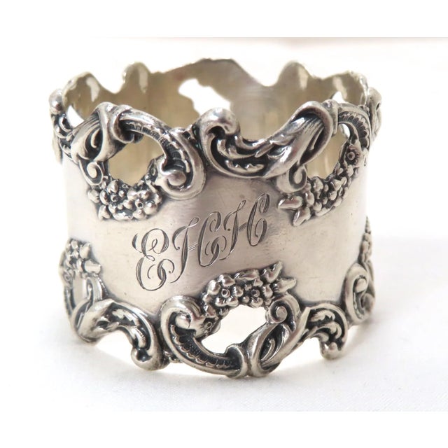 Silver Fine Antique American Sterling Silver Rococo & Flowers Design Napkin Ring by R Blackinton & Co. For Sale - Image 8 of 13