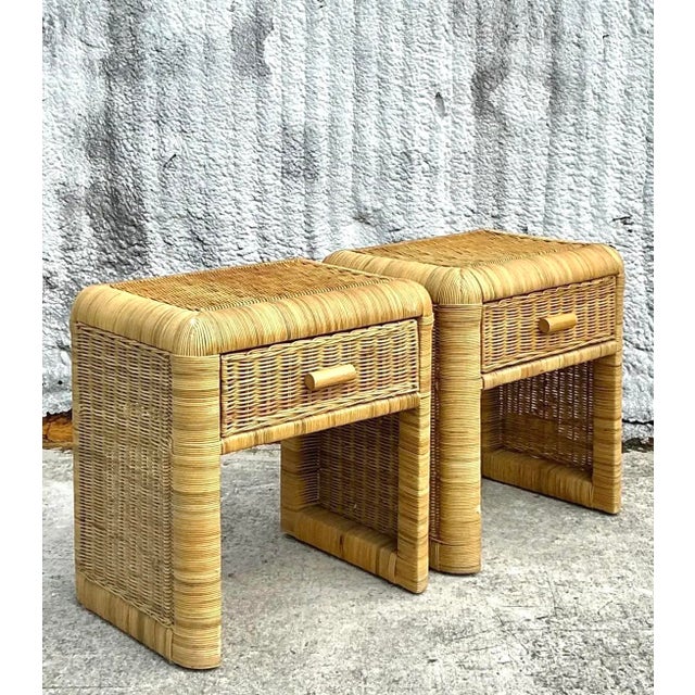 Wood Vintage Coastal Woven Rattan Nightstands - a Pair For Sale - Image 7 of 16