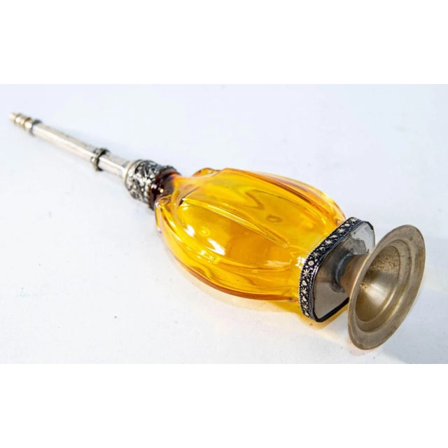 Moroccan Footed Glass Perfume Bottle Sprinkler With Embossed Metal Overlay For Sale - Image 4 of 7