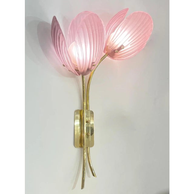 Pink Contemporary Italian 2-Branch Pink Murano Glass Tulip Flower Gold Brass Sconces - a Pair For Sale - Image 8 of 10
