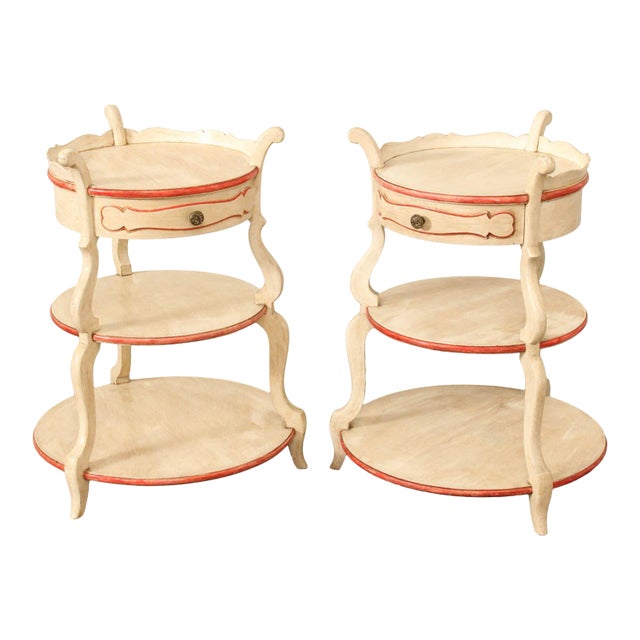 Grosfeld House French Louis XV Style Pair Three Tier Painted Side Tables For Sale