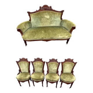 1800s Antique Victorian Eastlake Walnut/ Mah Parlor Settee Arm Chairs Set- 5 Pieces For Sale