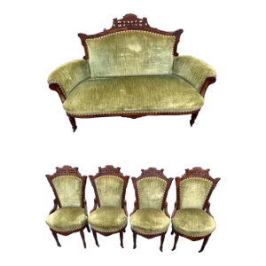 1800s Antique Victorian Eastlake Walnut/ Mah Parlor Settee Arm Chairs Set- 5 Pieces