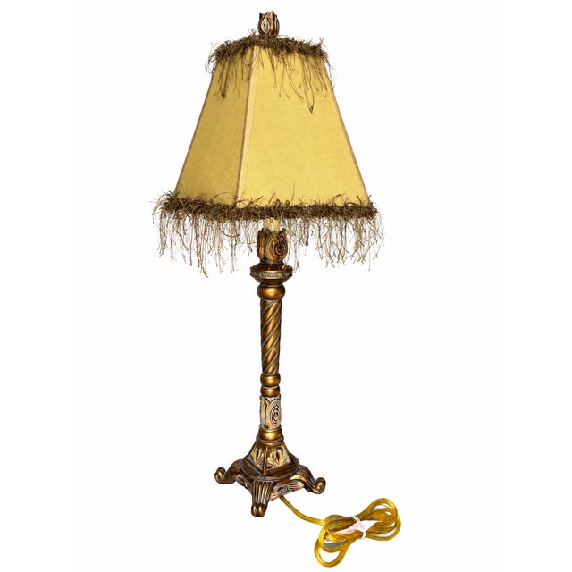 Late 20th Century Ornate Gold-Tone Barley-Twist Buffet Lamp With Fringed Shade For Sale - Image 5 of 11