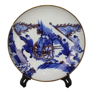 Chinese Vintage Ceramic Plate,Qing Dynasty Kangxi Marked Blue and White Underglaze Red Porcelain Plate Hand Painted Figures Pattern