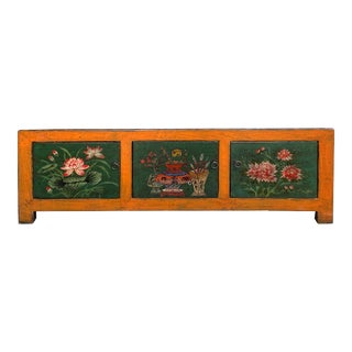Chinese Vintage Orange Green Flowers Graphic Low Tv Console Cabinet For Sale
