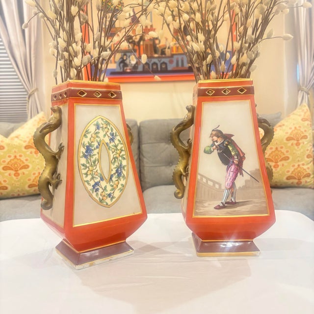 These two tapered squared feature Hadar and Husek of Austrian origin from the early 20th century. Porcelain with cut out...