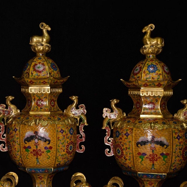 Pair of Large Vintage Chinese Cloisonne Gilt Bronze Censers, Ram Bases & Phoenix Handles For Sale - Image 9 of 9