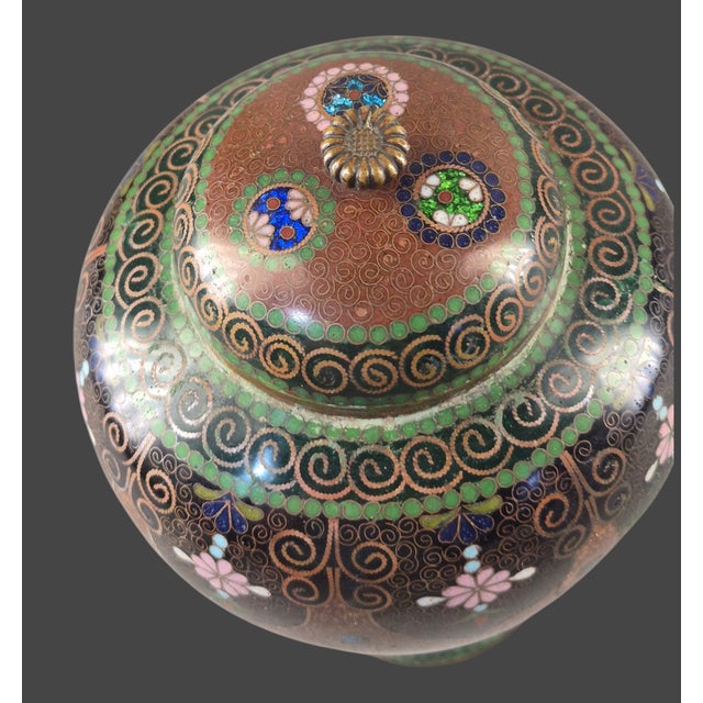 Vintage Japanese Meiji Cloisonné Enamel Floral Covered Jar For Sale - Image 6 of 13