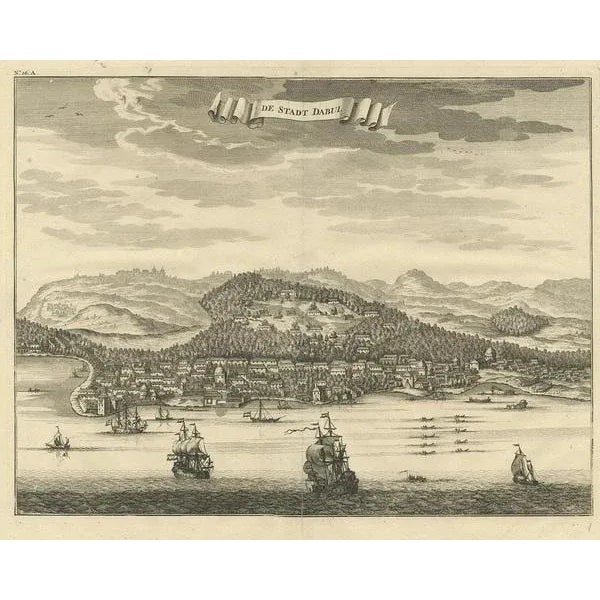 Antique print titled 'De Stadt Dabul'. Antique print depicting the city of Dabhol in India. This print originates from...