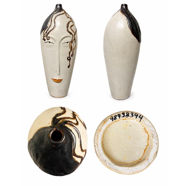 1980s Set of 3 Sculptural 1980’s Art Nouveau-Style Figurative Face Vases / Modern Art Pottery Vessels For Sale - Image 5 of 11