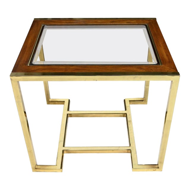 Modern End Table Brass Plated Dark Wood & Smoked Glass Rectangle by Thomasville Furniture Style of Milo Baughman For Sale