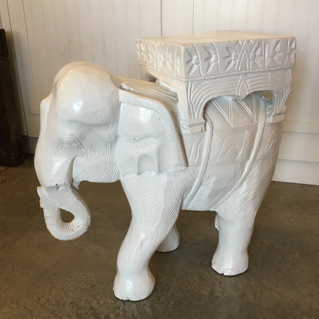 Hollywood Regency White Carved Wood Elephant Side Table/ Stool For Sale - Image 13 of 13