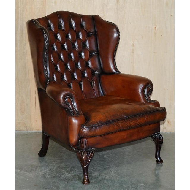 Chesterfield Wingback Chairs and Ottomans in Brown Leather, Set of 4 For Sale - Image 3 of 18