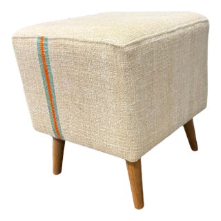 Vintage Handwoven Hemp Pouf Beige & Teal 1960s For Sale
